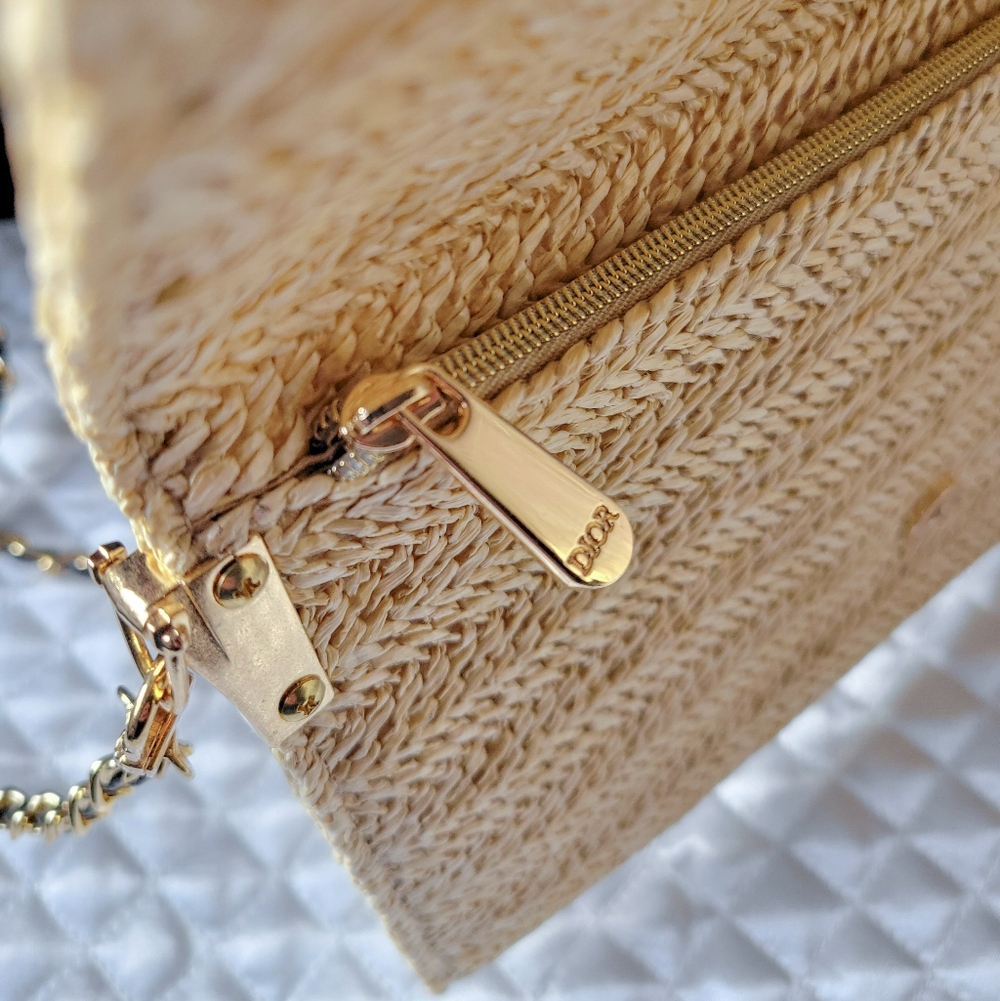 Authentic DIOR Raffia Clutch Handbag • Woven Straw • Chain Strap • Travel Purse - Picture 2 of 8